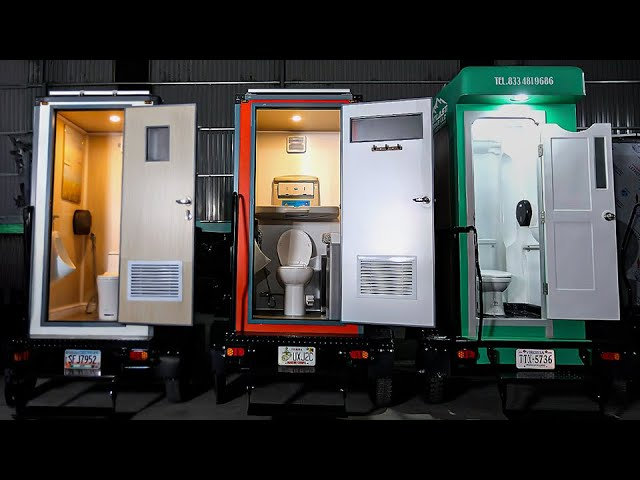 A row of trailers with toilets and toilet