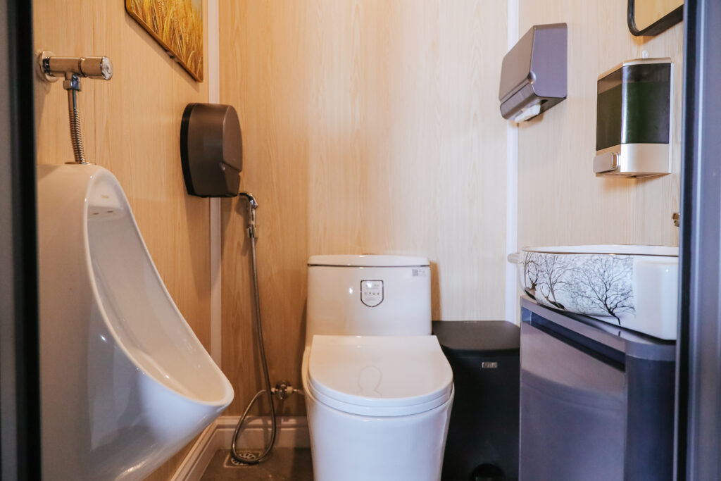 The interior of a modern portable restroom today replaces the traditional toilet